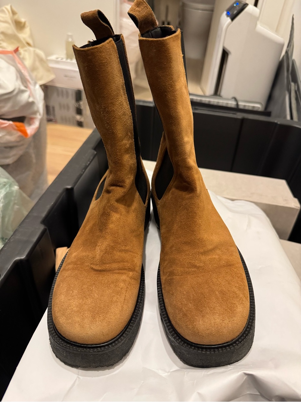 Staud Suede Chelsea Boots in Cognac Brown - Stylish Slip-On Design